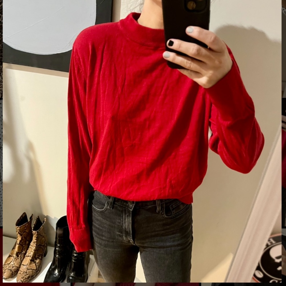 Red pullover sweater with mock neck